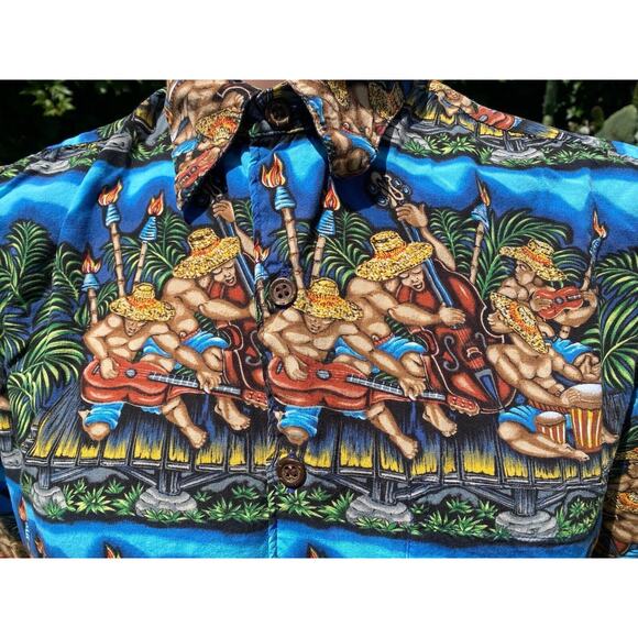 Reyn Spooner Dietrich Varez Hawaiian Shirt Jammin Musicians Tiki Rayon Men's Med - Picture 4 of 9